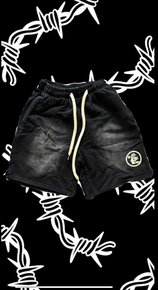 Hellstar Fleece Shorts Black Washed Cream Logo Drawstring